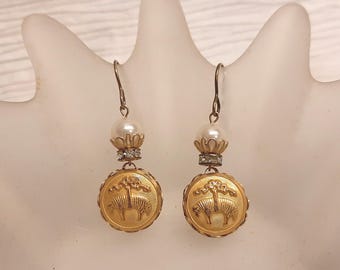 Fleeced - Vintage Brooks Brothers Golden Fleece Buttons Vintage Pearls Rhinestones Recycled Repurposed Jewelry Earrings