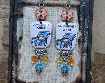 She's Got Game - Vintage Monopoly Community Chest Tins Swarovski Crystals Stencil Buttons Boho Recycled Earrings 10 Year Anniversary Gift