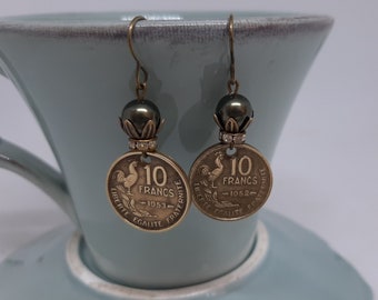 Wake Up Call - 1952 and 1953 French Rooster 10 Franc Coins Rhinestones Green Pearls Recycled Repurposed Jewelry Earrings