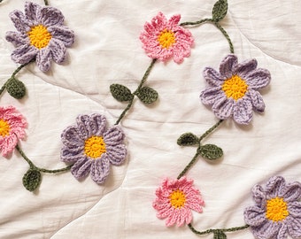 Forget me not Flower Garland, Pink and Purple daisy flower bunting, Crochet Spring Wall Decor, Easter/Mother’s Day Gift