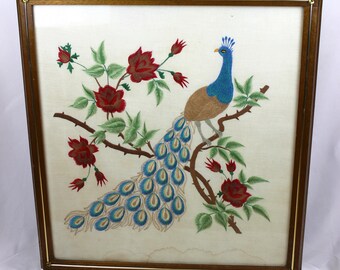 Stunning Vintage Hand Embroidered Peacock Fire Screen and Folding Table