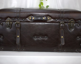 Large Chestnut Faux Leather Trunk with studded detail - use as foot stool and extra storage