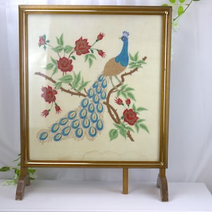 Stunning Vintage Hand Embroidered Peacock Fire Screen and Folding Table
