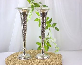 Stunning Pair of Silver Plated Trumpet Form Edwardian Stem Vases, approx 14 inches high