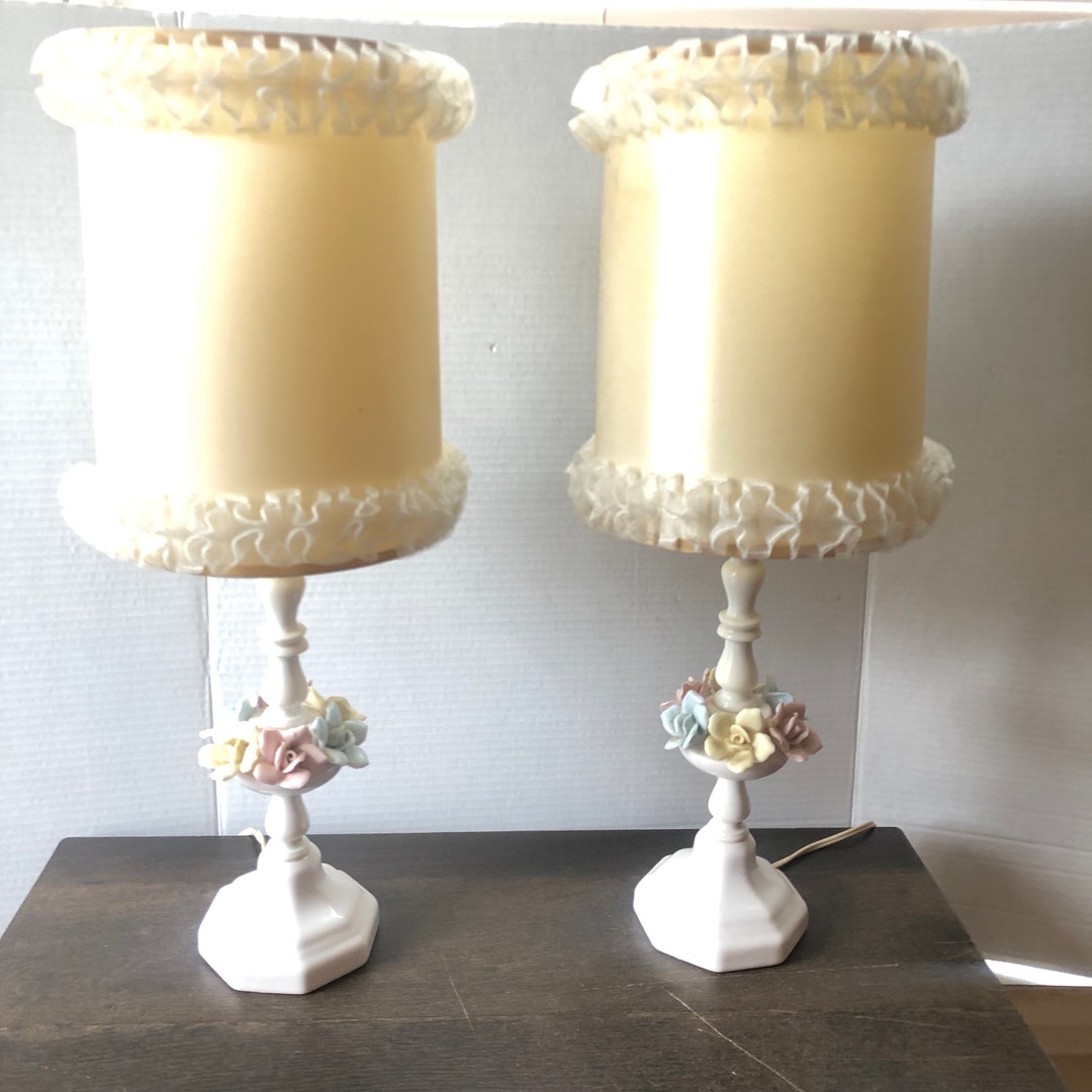 Rare Pair of Matching Vintage Bedroom Lamps With Original Ruffled Lace
