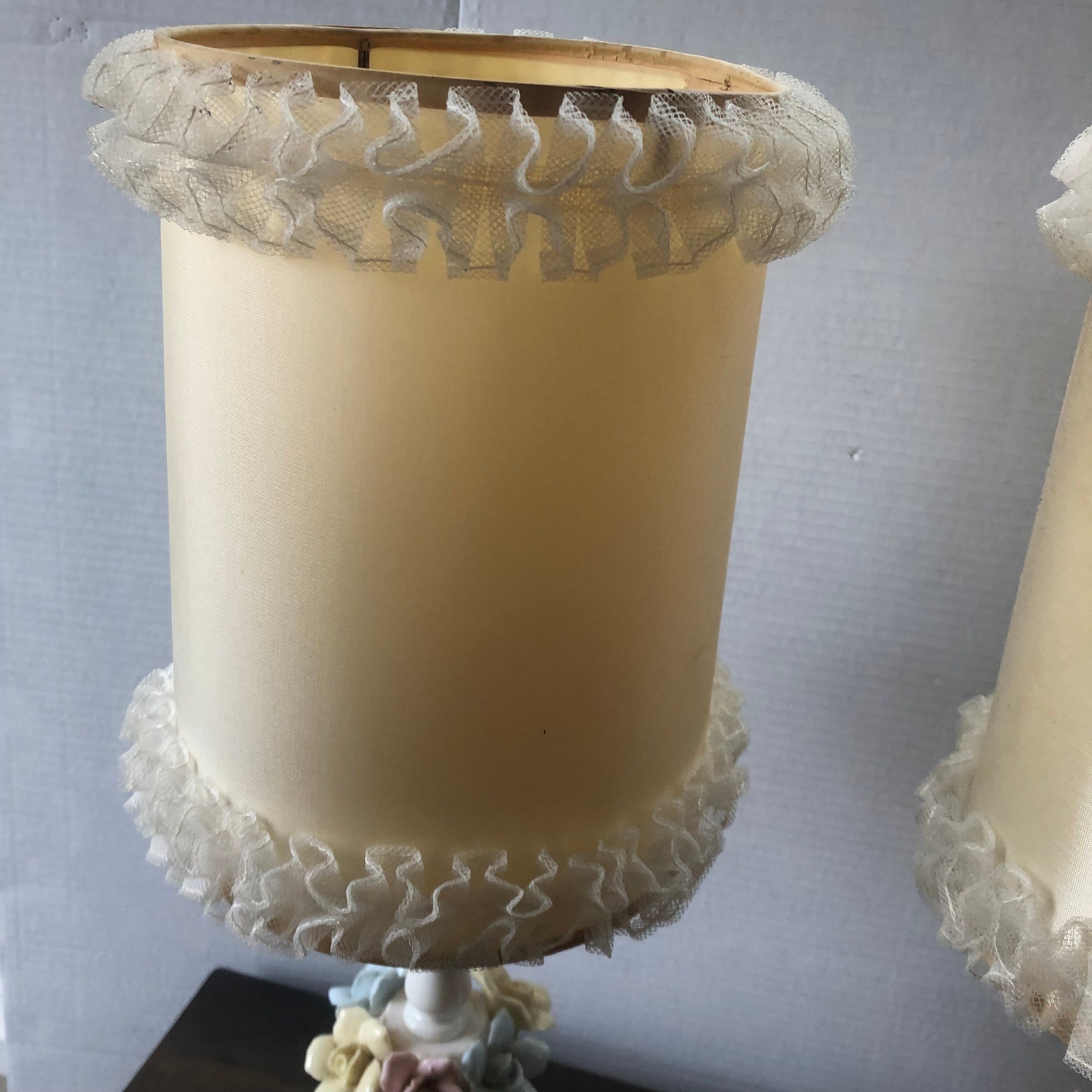 Rare Pair of Matching Vintage Bedroom Lamps With Original Ruffled Lace