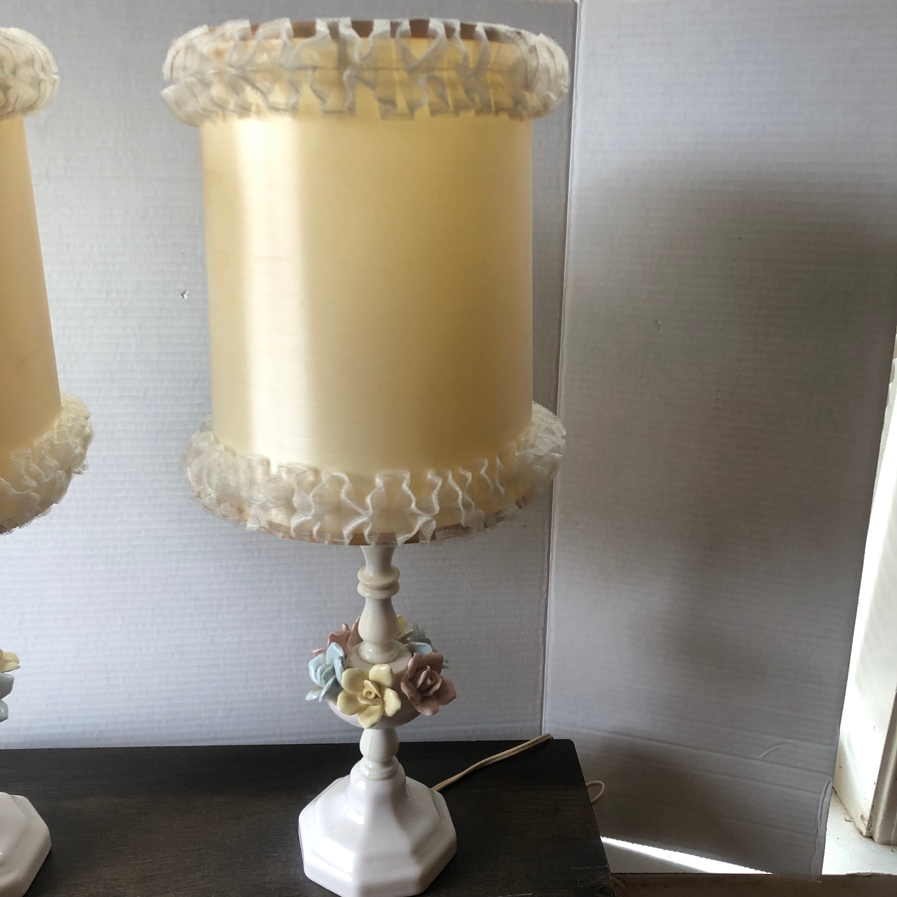 Rare Pair of Matching Vintage Bedroom Lamps With Original Ruffled Lace