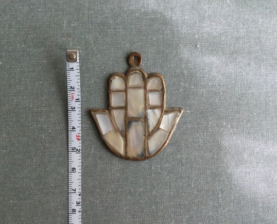 Large Vintage Hamsa Hand Of Fatima Pendant Brass&… - image 2
