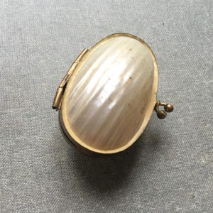 Pode incluir: Uma pequena caixa de conchas ovalada de cor branca com uma dobradiça e um fecho de metal dourado. A caixa está fechada e o padrão da concha é visível.