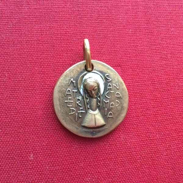 Unique Vintage French Bronze & Enamel Saint Marie Modernist Medal Pendant By Elie Pellegrin 1960s Rare Find Collection Gift For Collector