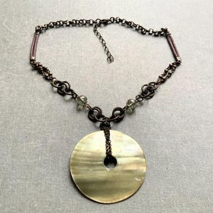 Large Shell Disk Pendant Necklace,  16”, Rolo/Ball Chain Statement, Boho Style, Bronze Colour, Vintage, Gift