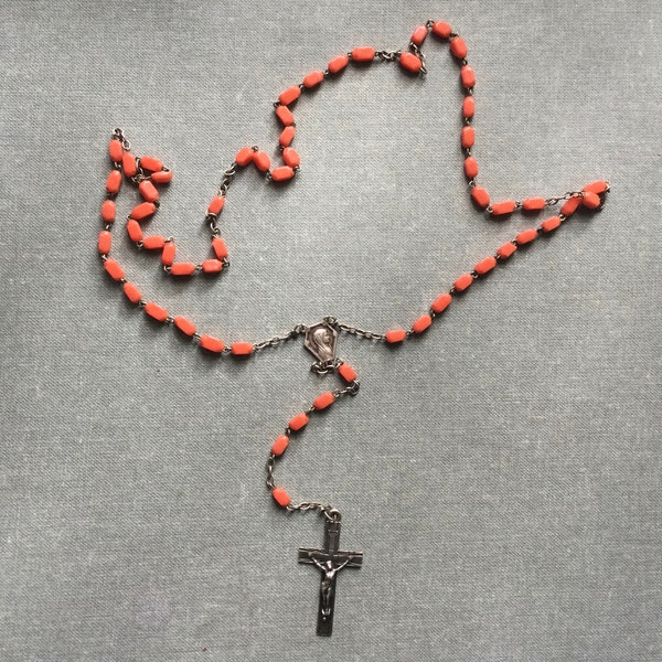 French Antique Vintage Coral Silver&Silver Plated Rosary Art Nuoveau Art Deco 1910-20s Hallmarks FRANCE AP Rare Find Gift For All Catholic