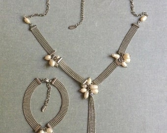 LDADPR Vintage Französisch Set Teppich Kugelkette Halskette 21 '& Armband 7,5 'mit Anhänger Süßwasserperlen Edelstahl Perfektes Weihnachtsgeschenk