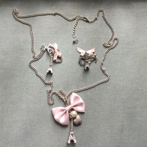Vintage Set French Original Charm Pendant Chain Necklace 32” & Earrings Eiffel Tower Heart Dove Crystal Silk Rose Bow Perfect Gift For Her