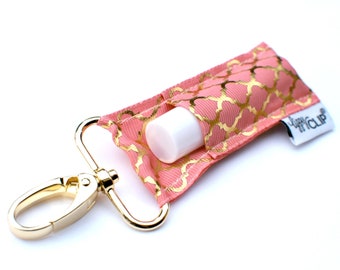 Coral Gold Quatrefoil LippyClip® Lip Balm Holder w/ Swivel Clip, stocking stuffer, wedding favor, party favor