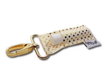 Gold Dots on Ivory LippyClip® Lip Balm Holder for chapstick, clip-on keychain, chapstick holder, stocking stuffer, teacher gift