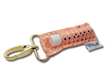 Gold Dots on Peach LippyClip® Lip Balm Holder for chapstick, clip-on keychain, chapstick holder, stocking stuffer, teacher gift