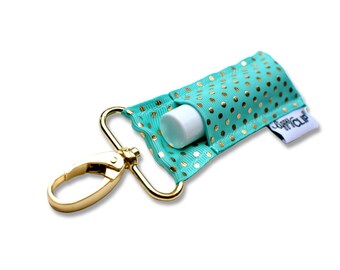 Aqua Gold Dots LippyClip® Lip Balm Holder w/ Swivel Clip, stocking stuffer, wedding favor, party favor