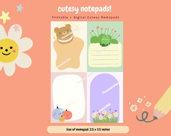 CUTESY afdrukbare Memo Pads, schattig afdrukbaar Kladblok, Kawaii digitale Memobladen, schattige briefpapier printables, Instant Download