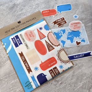 May include: A sheet of 55 sew-on cotton patches with various designs, including family tree, hobbies, ancestors, brothers and sisters, known as, and gallery. The patches are in shades of red, blue, and brown.
