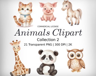 Set of 21 Animals Clipart Watercolor Bundle, watercolor animals clipart, Panda Fox Tiger Cat Dog Pig Bird, nursery decoration