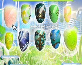 Nature Inspired Chrome Nails | Reusable and Hand Painted Nostalgic Game Press On Nails