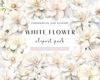 WHITE FLOWERS - 18 Cliparts (high resolution, commercial use, floral, nature, wedding flower, png, watercolor, bundle)