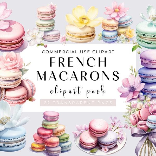 French Macarons Watercolor Clipart Bundle, Pastel, 22 PNG Gourmet Macarons Images, Delicate Dessert, Instant Download, Commercial Use