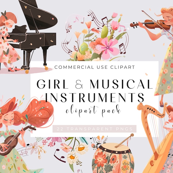 Girl playing musical instruments - Floral Clipart, 22 Musical Instrument Clipart, Watercolor Guitar, Music Graphics, Fiddle Illustrations