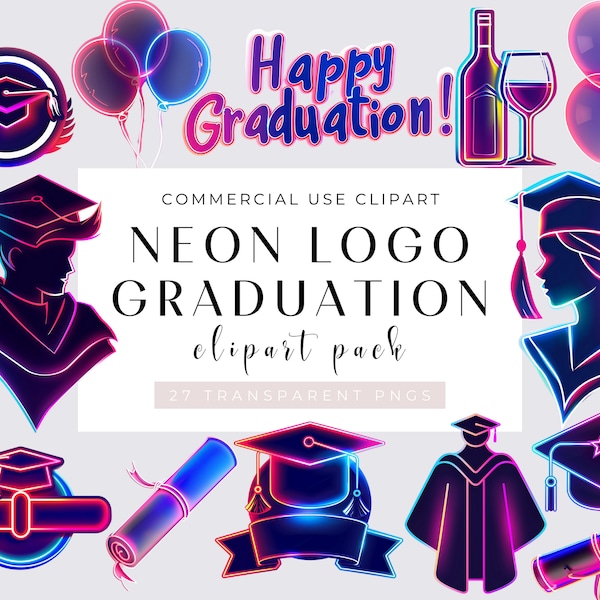 Neon Graduation Logo Clipart Bundle, 27 PNG Graduation Clipart, Graduation Caps Clipart, Diploma Clipart, Transparent, Commercial Use