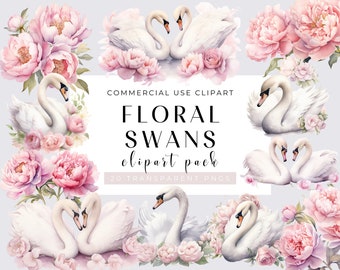 Watercolor Floral Swan Clipart, 20 PNG Transparent, Bundle, Pink and White theme, Commercial License, Instant Download