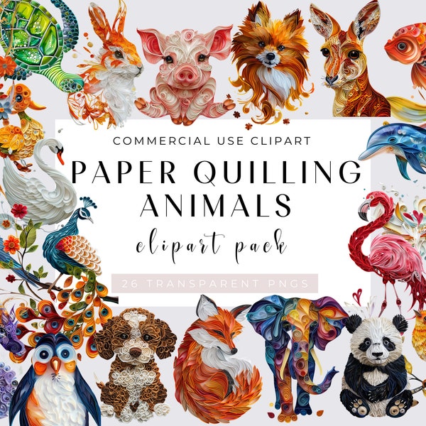 26 Paper Quilled Animals Clipart, Clipart Bundle, PNGs, Cat, Peacock, Elephant, Swan, Duck, Flamingo, Instant Download, Transparent