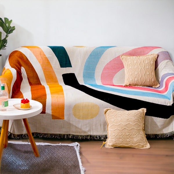 Double Sided Rainbow Throw Blanket | Colourful Sofa Throw Blanket | Reversible Cotton Throw Blanket | Housewarming Gift | Boho Home Decor