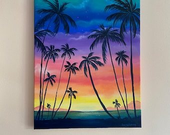 ocean sunset original oil over acrylic painting on canvas 16 by 20 inches