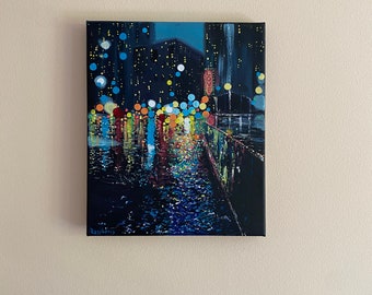雨の夜のアクリル画：都市風景の傘アート（16x20） - Etsy 日本