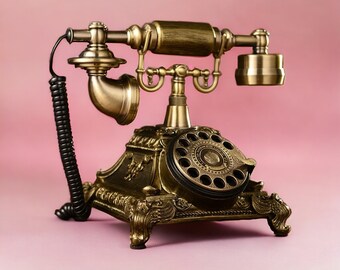 Rustic Brass Rotary Telephone  Vintage Desk Decor – Retro Home Accessory Wedding Gift