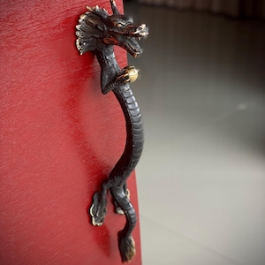 May include: A dark bronze-colored metal door handle shaped like a dragon with a textured, scaled body and a detailed head. The dragon is depicted holding a small, polished gold-colored sphere in its front claws, mounted vertically on a red surface.
