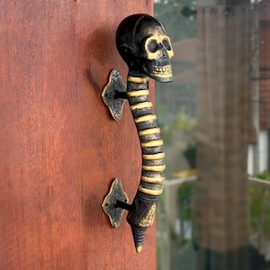 May include: A door handle featuring a black and gold skull at the top, connected to a curved, segmented spine-like structure in black and gold. The handle is mounted to a wooden surface with two ornate, dark metal plates at the top and bottom.