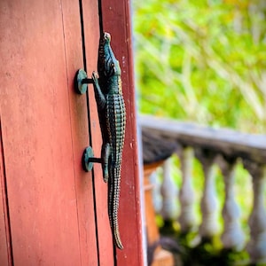 May include: A dark green, textured metal door handle shaped like an alligator, mounted vertically on a reddish-brown wooden door. The alligator figure features detailed scales and is attached to the door by two circular metal brackets.