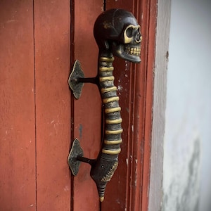 May include: A brass door handle shaped like a skull with a detailed design. The handle is mounted on a wooden door.