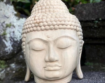 hand carved buddha head sculpture wooden buddha statue zen meditation decor yoga room altar decor spiritual home decor for yoga studio