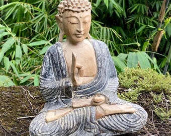 Hand Carved Buddha Statue Wooden Meditation Decor Abhaya Mudra Sculpture Zen Altar Yoga Room Spiritual Gift