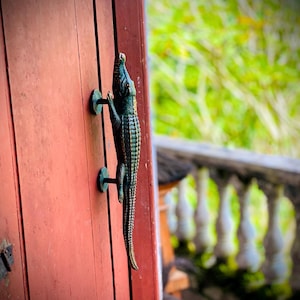 May include: A bronze alligator door pull is mounted on a weathered red door. The alligator is detailed with textured scales and is attached to the door with two circular mounts. The background is blurred, showing a green, natural setting.
