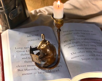 Brass Mouse Candle Holder Handcrafted patina brown Figurine Taper Candles Whimsical House warming Gift Teen Girl kids present Christmas
