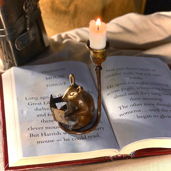 Brass Mouse Candle Holder Handcrafted patina brown Figurine Taper Candles Whimsical House warming Gift Teen Girl kids present Christmas