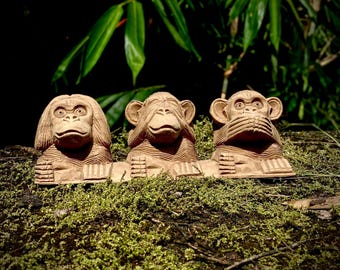Three Wise Monkeys Statue Wood See Hear Speak No Evil Decor Zen Shelf Decor Meditation Gift Office Desk Decor