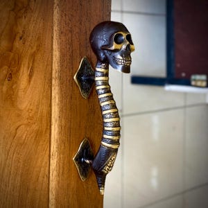 May include: A decorative door handle made of brass with a skull design. The handle is shaped like a snake with a skull for a head. The skull has a detailed design with a toothy grin.