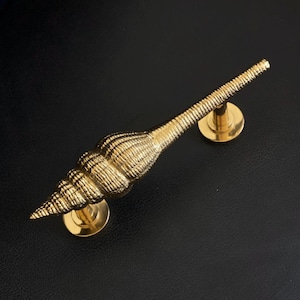 May include: A gold-colored, seashell-shaped door handle. The handle is highly detailed with a textured surface, and is mounted on two circular gold bases. The handle is set against a dark background.