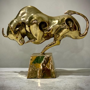 Handmade Bronze Bull Sculpture for Home and Office Decor with Golden Finish Powerful Animal Figurine Symbol of Strength and Success