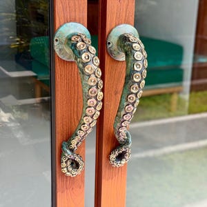 May include: A pair of door handles shaped like octopus tentacles, featuring a weathered green and bronze patina finish with raised circular suction cups. The handles are mounted vertically on a wooden door frame with glass panels on either side.